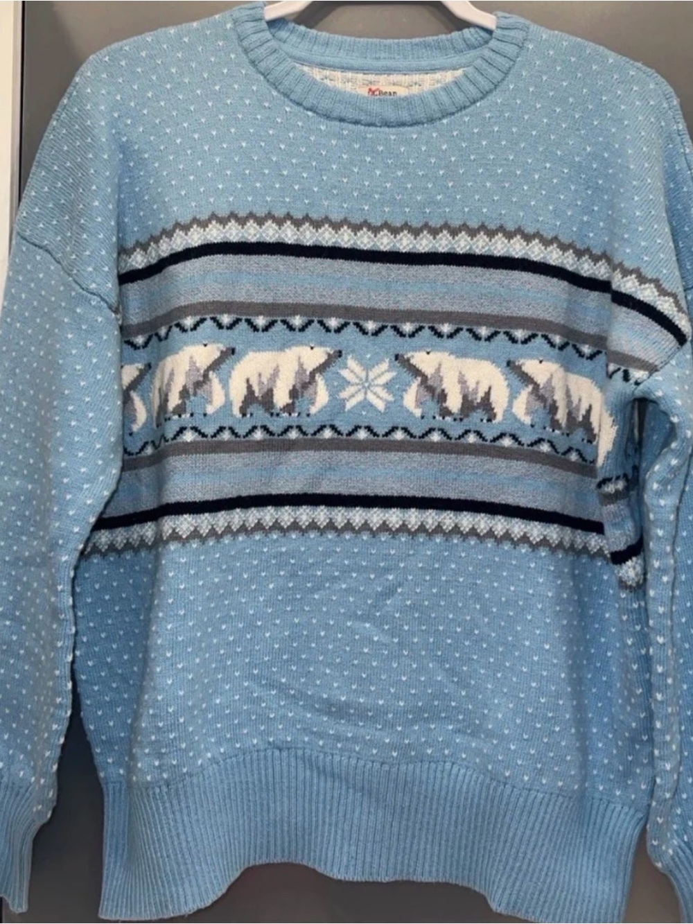L.L.Bean Polar Bear Fair Isle Sweater Small Blue Cotton Wool Blend Nordic Birds